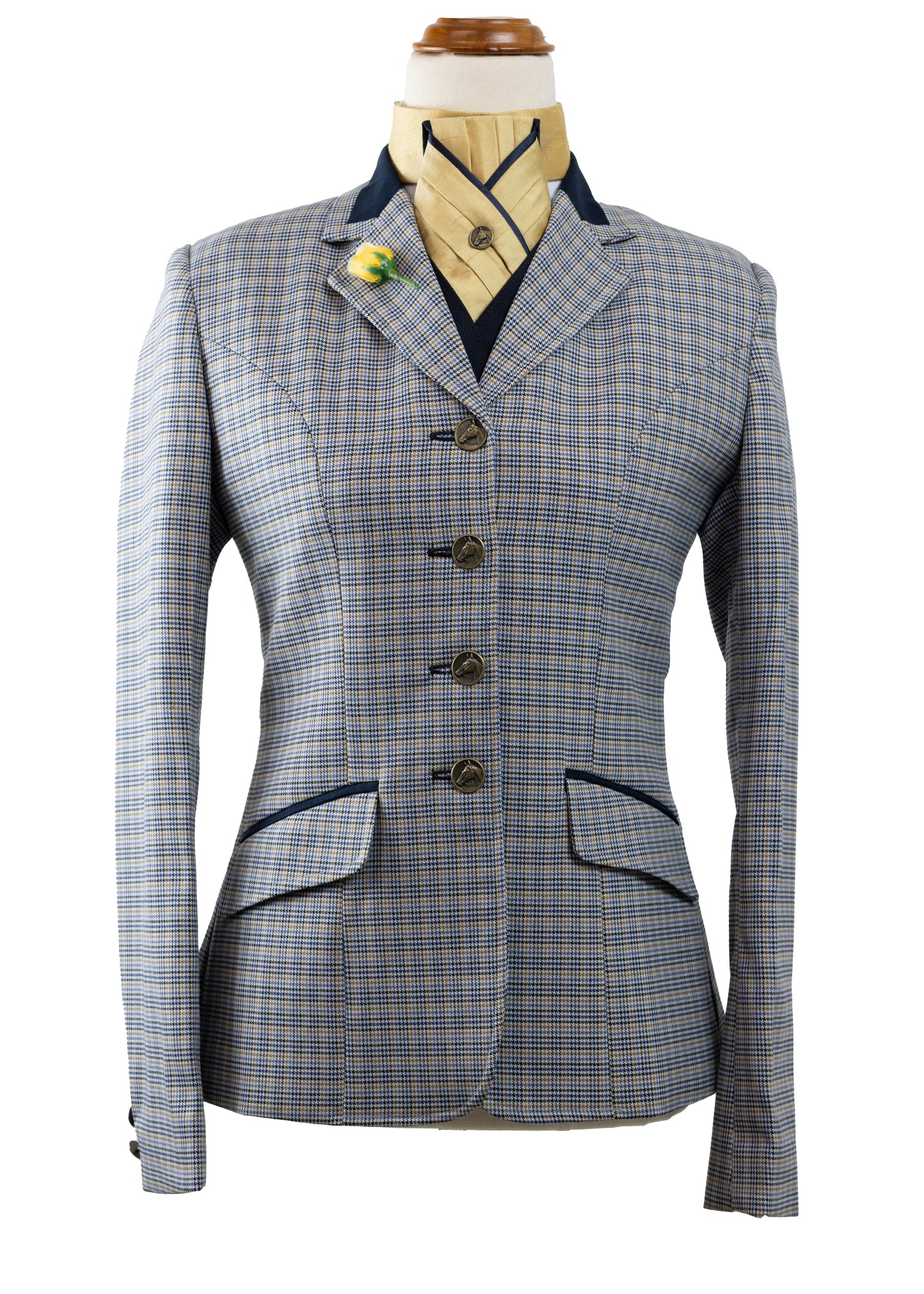 09 - 2023 Ladies navy, baby blue and mustard wool blend houndstooth tweed jacket