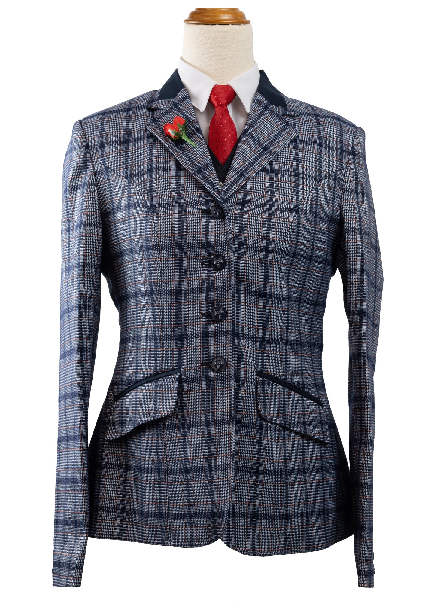 14 - 2023 Ladies bold blue wool blend tweed with red overcheck riding jacket