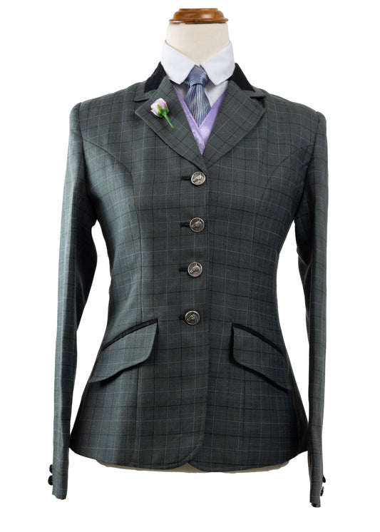 29 - 2023 Ladies dark grey wool blend tweed with fine mauve overcheck jacket