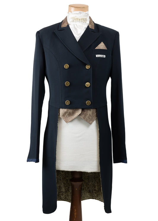New Season - MRW Ladies Midnight Navy & Antique Gold Stretch Dressage Tailcoat
