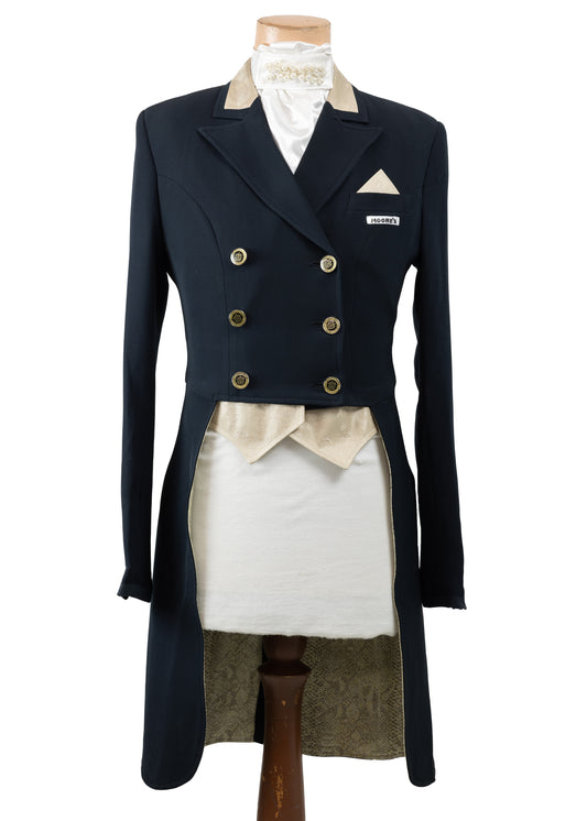 New Season - MRW Ladies Midnight Navy & Soft Gold Stretch Dressage Tailcoat