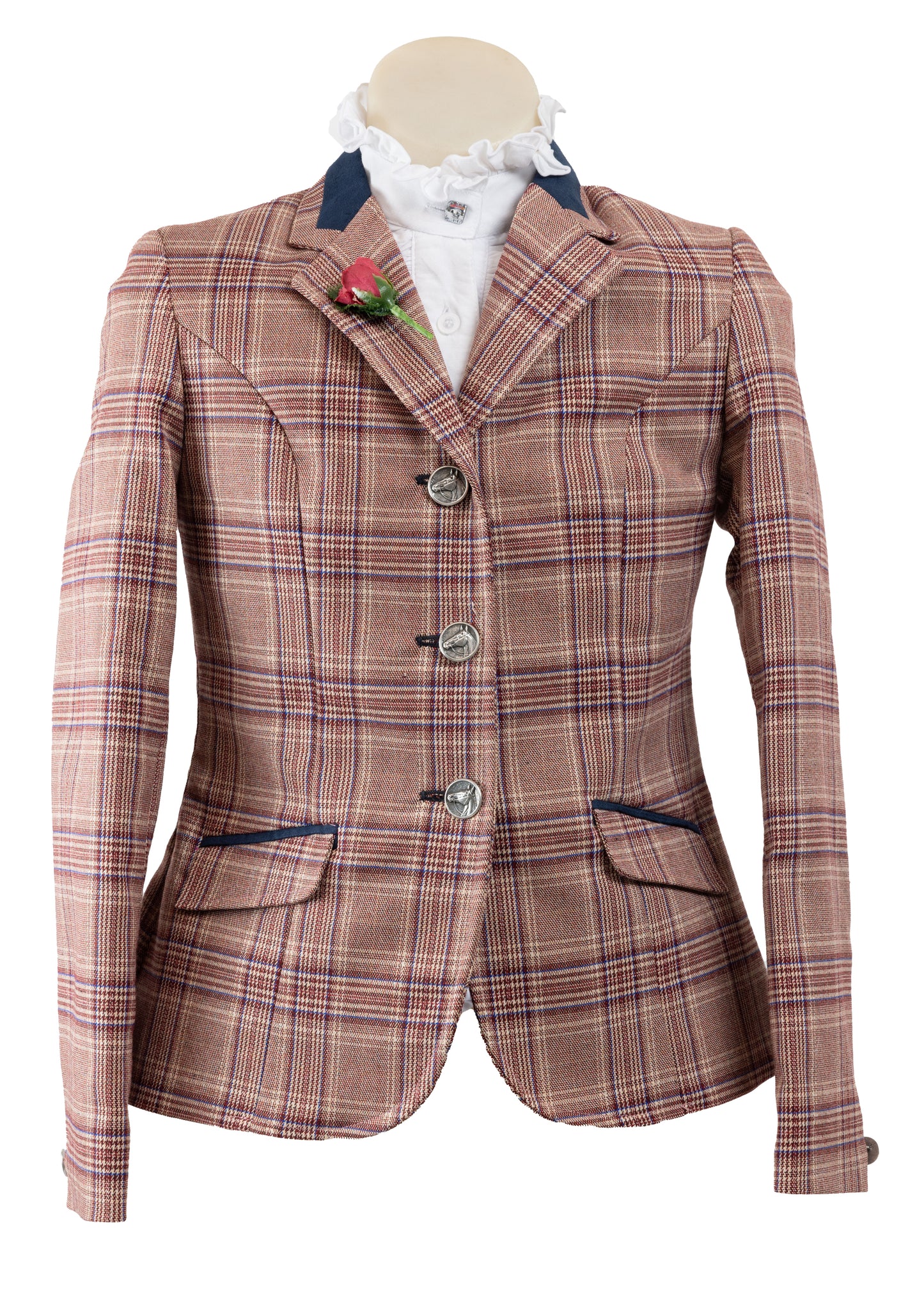 03 - Childrens Burgundy/red wool blend tweed with a blue overcheck riding jacket