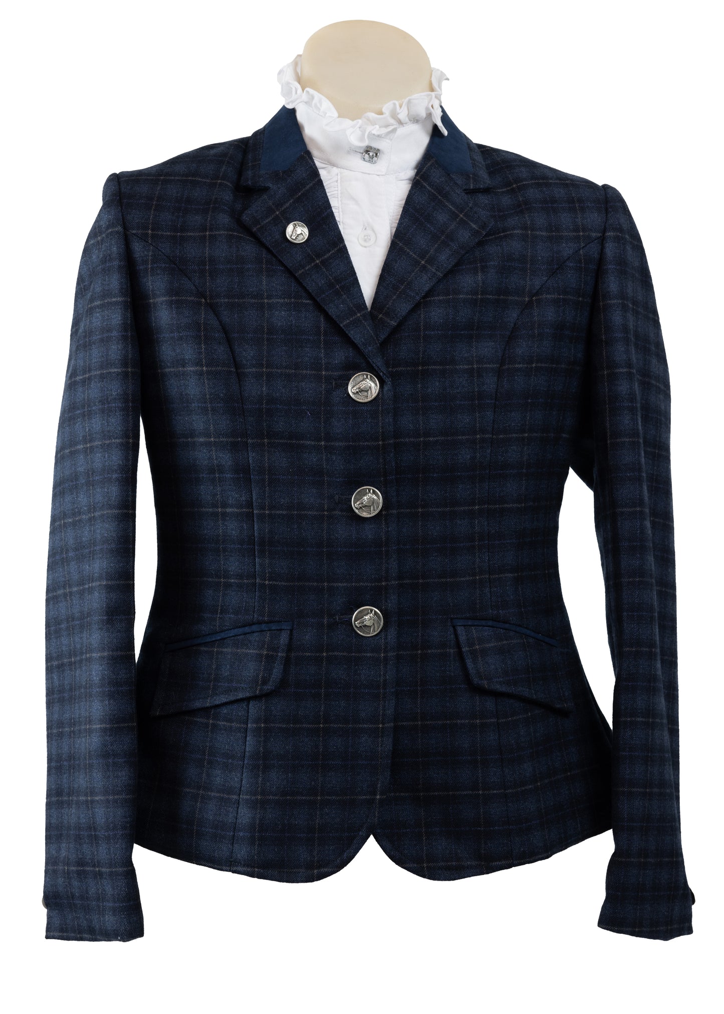 07 - Childrens dark navy wool blend tweed with a biscuit beige overcheck riding jacket