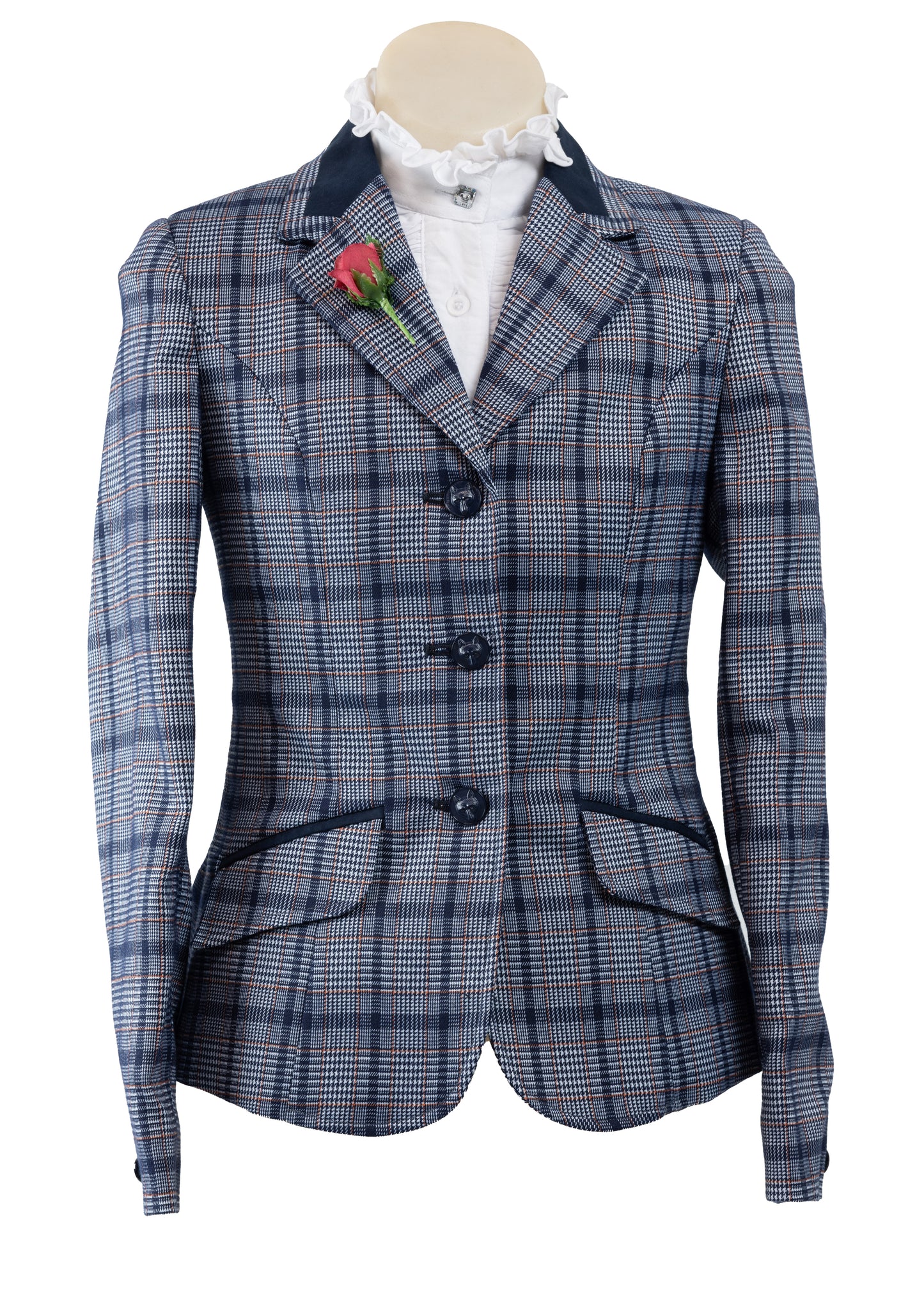 11 - Childrens Bold blue on blue wool blend tweed with a red overcheck riding jacket
