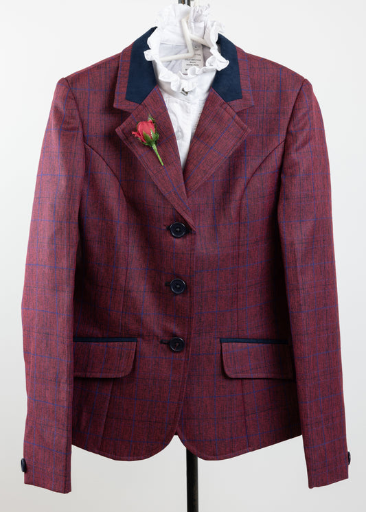 17 - Childrens burgundy/red fleck wool blend tweed with a blue overcheck Jacket