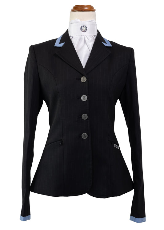 Classic Ladies Black Stretch Jacket with Baby Blue Trim
