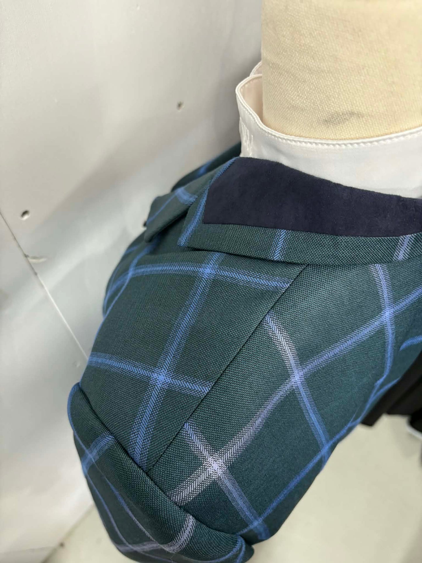 30 - 2024 Ladies Bottle Green wool blend tweed (with bold cornflower blue overcheck) Jacket