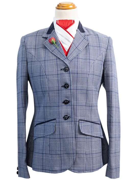 10 - 2025 Ladies navy blue and white wool blend tweed jacket