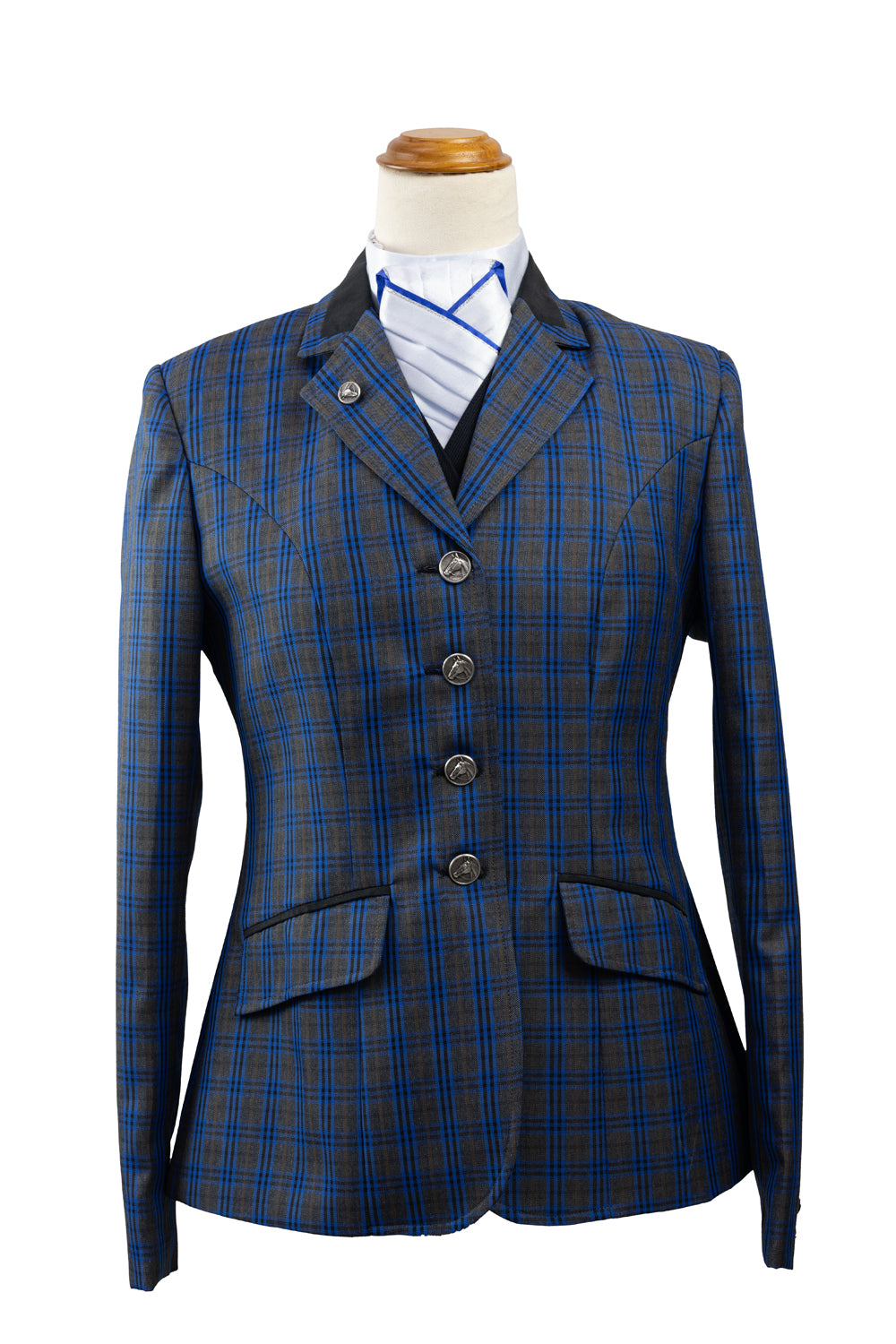 25 2024 Ladies Grey wool blend tweed with bold royal blue and black overcheck Jacket