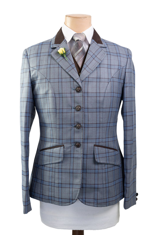 16 - 2022 Ladies Brown and grey toned fine wool blend tweed with a baby blue and chocolate brown overcheck Jacket