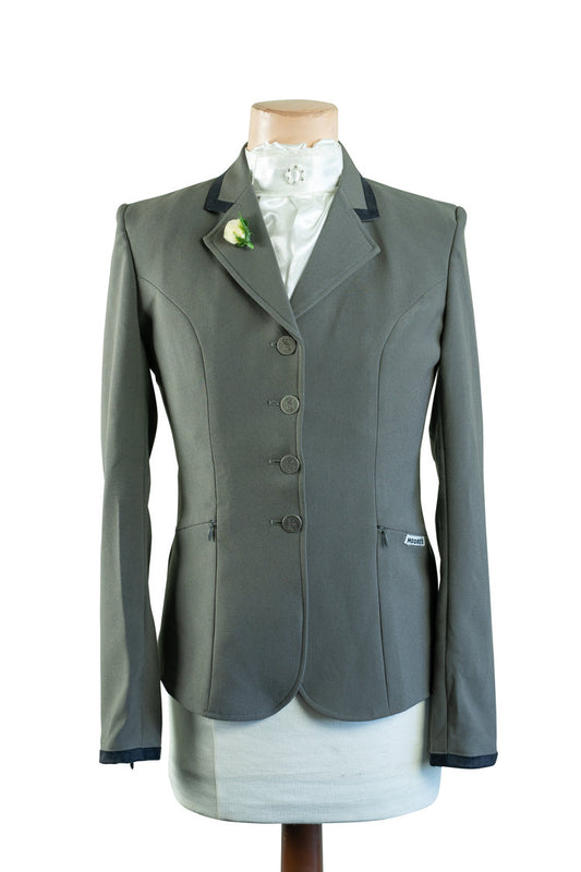 Ladies Truffle Grey Stretch Jacket with Black collar and cuff trim