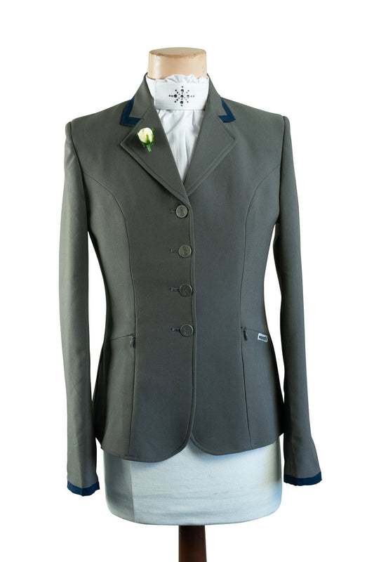 Ladies Truffle Grey Stretch Jacket with Navy collar and cuff trim