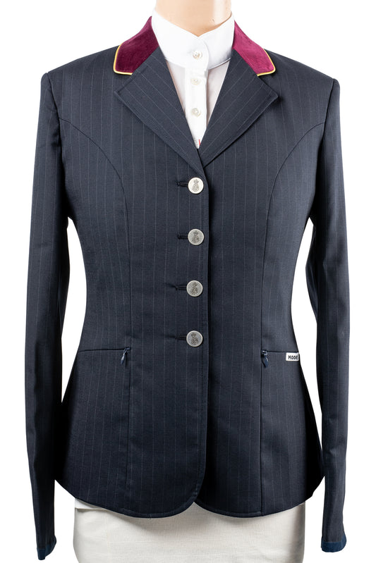 Ladies Navy Stretch Jacket with Full Burgundy Velvet Collar and Gold Trim