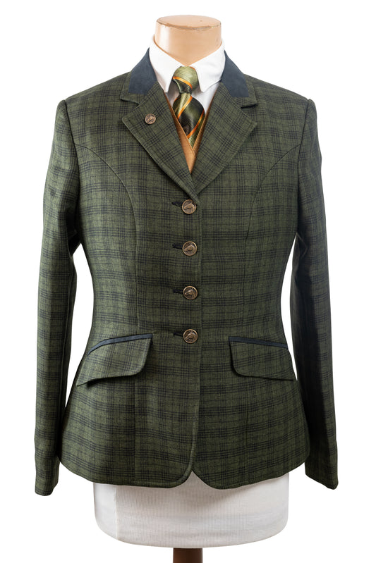 10 - 2021 Ladies Olive green wool blend tweed with a black overcheck riding jacket