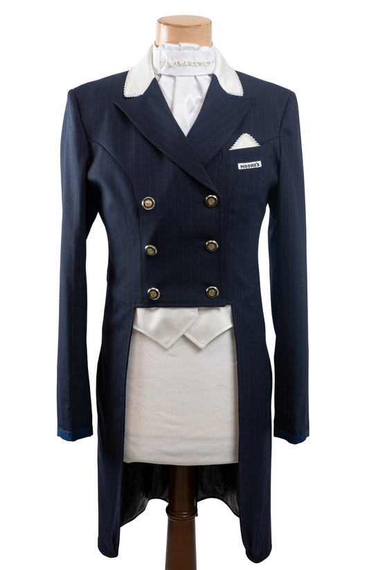 Limited Edition Ladies Navy Stretch Dressage Tailcoat with Full Cream Collar and Pearl Detailing