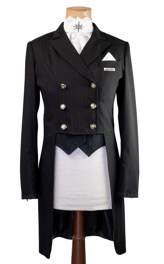 Ladies Black Stretch Dressage Tailcoat with Plain Black Collar and Vest Fronts with White Pocket