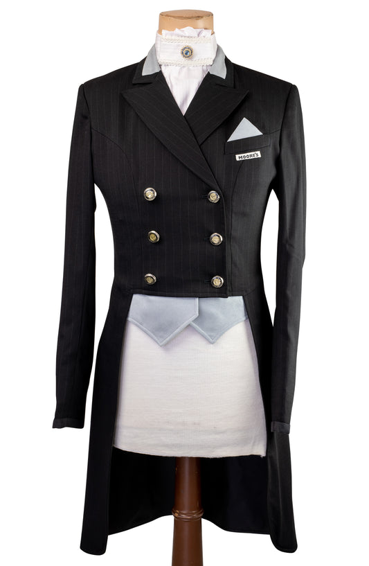 Ladies Black Stretch Dressage Tailcoat with Light Grey Collar Insert, Vest Fronts with Pocket