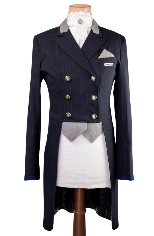 Ladies Navy Stretch Dressage Tailcoat with Dark Grey Insert Collar, Pocket and Vest Fronts