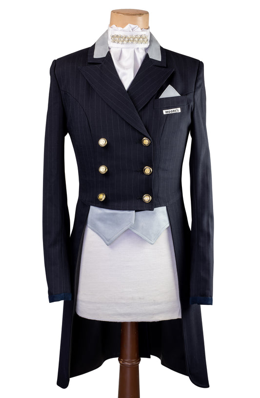Ladies Navy Stretch Dressage Tailcoat with Light Grey Insert Collar, Pocket and Vest Fronts