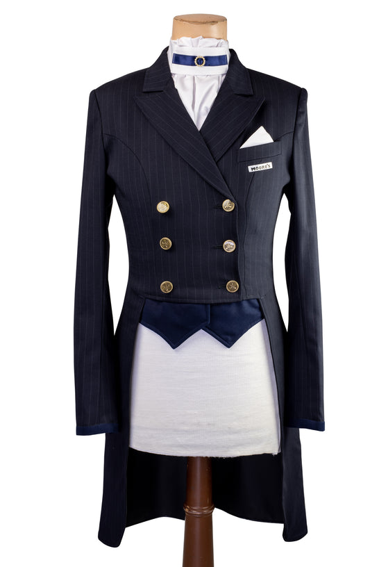 Ladies Navy Stretch Dressage Tailcoat with Plain Collar, Navy Vest Fronts and White Pocket