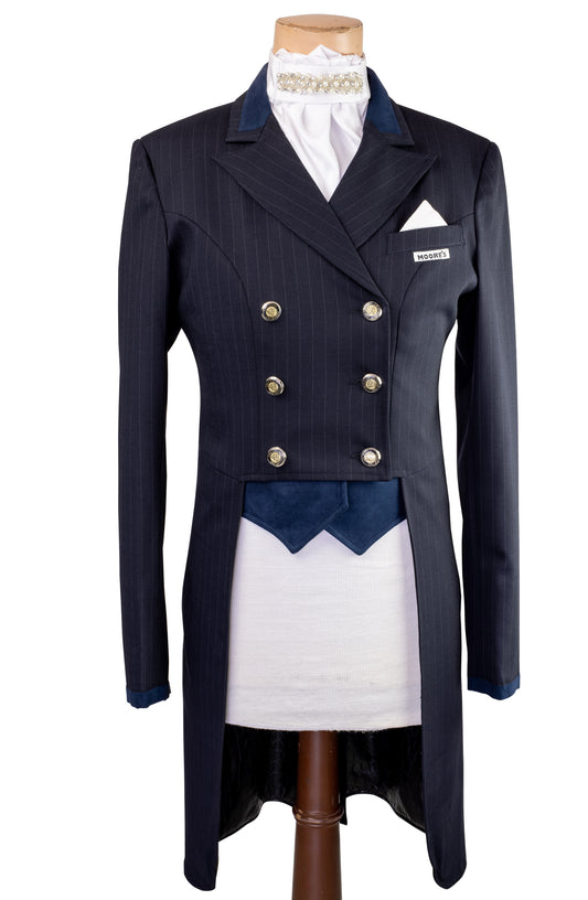 Ladies Navy Stretch Dressage Tailcoat with Navy Insert Collar, White Pocket and Navy Vest Fronts
