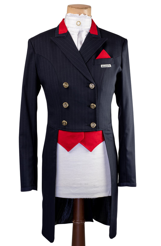 Ladies Navy Stretch Dressage Tailcoat with Red Insert Collar, Pocket and Vest Fronts