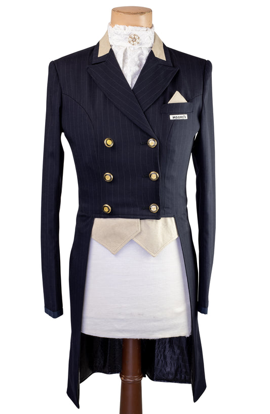 Ladies Navy Stretch Dressage Tailcoat with Cream Insert Collar, Pocket and Vest Fronts