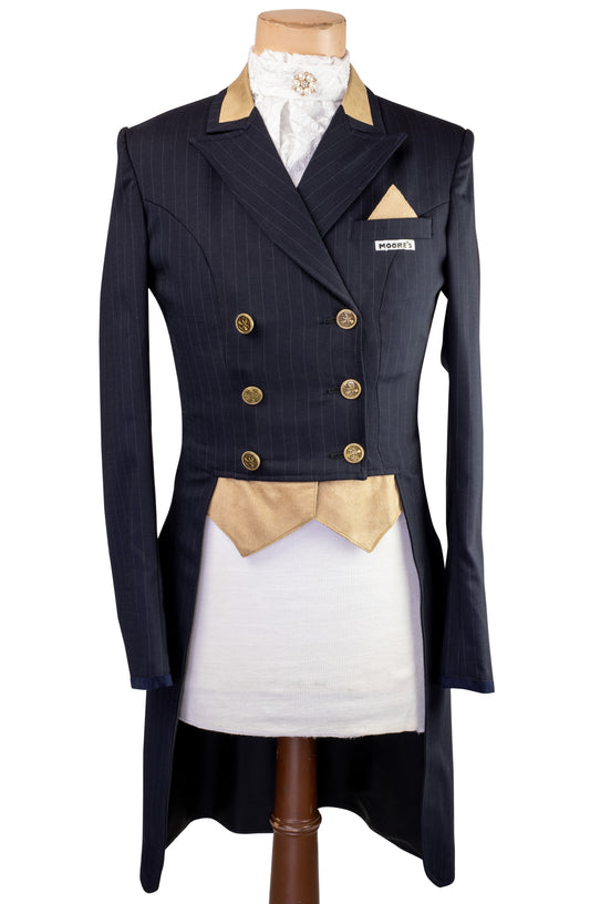 Ladies Navy Stretch Dressage Tailcoat with Gold Insert Collar, Pocket and Vest Fronts
