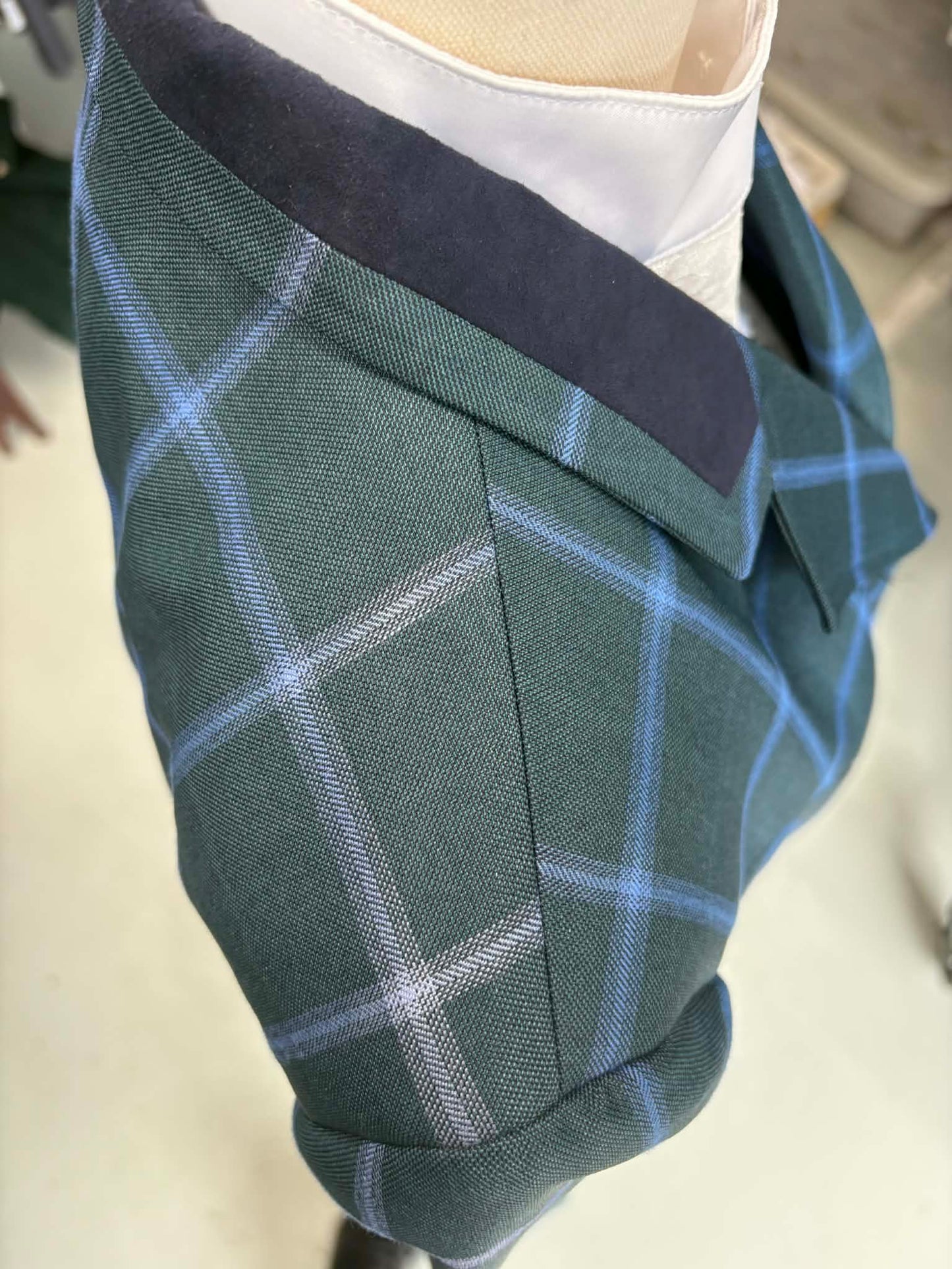 30 - 2024 Ladies Bottle Green wool blend tweed (with bold cornflower blue overcheck) Jacket
