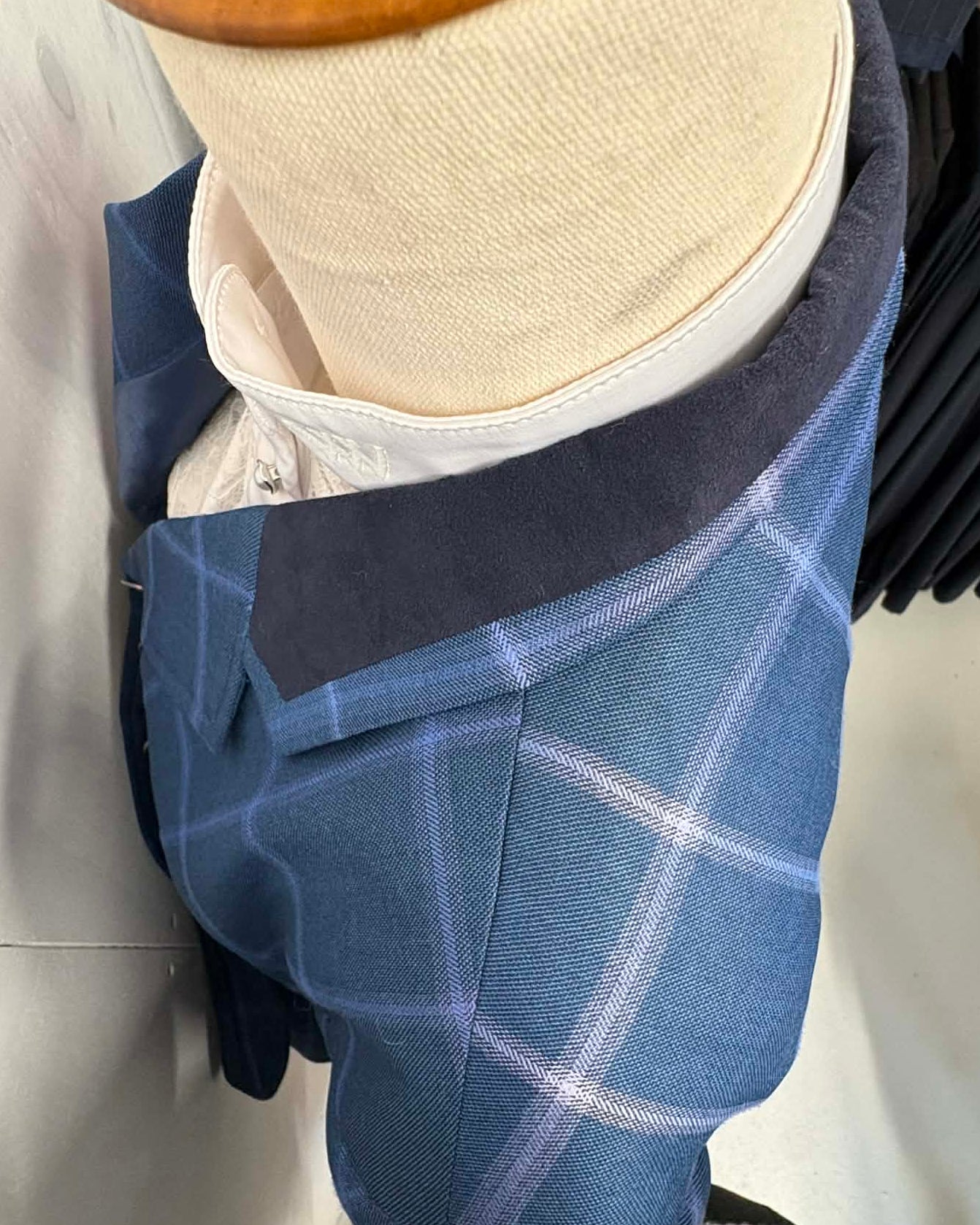 11 - 2024 Ladies mid blue wool blend tweed with bold cornflower blue overcheck riding jacket