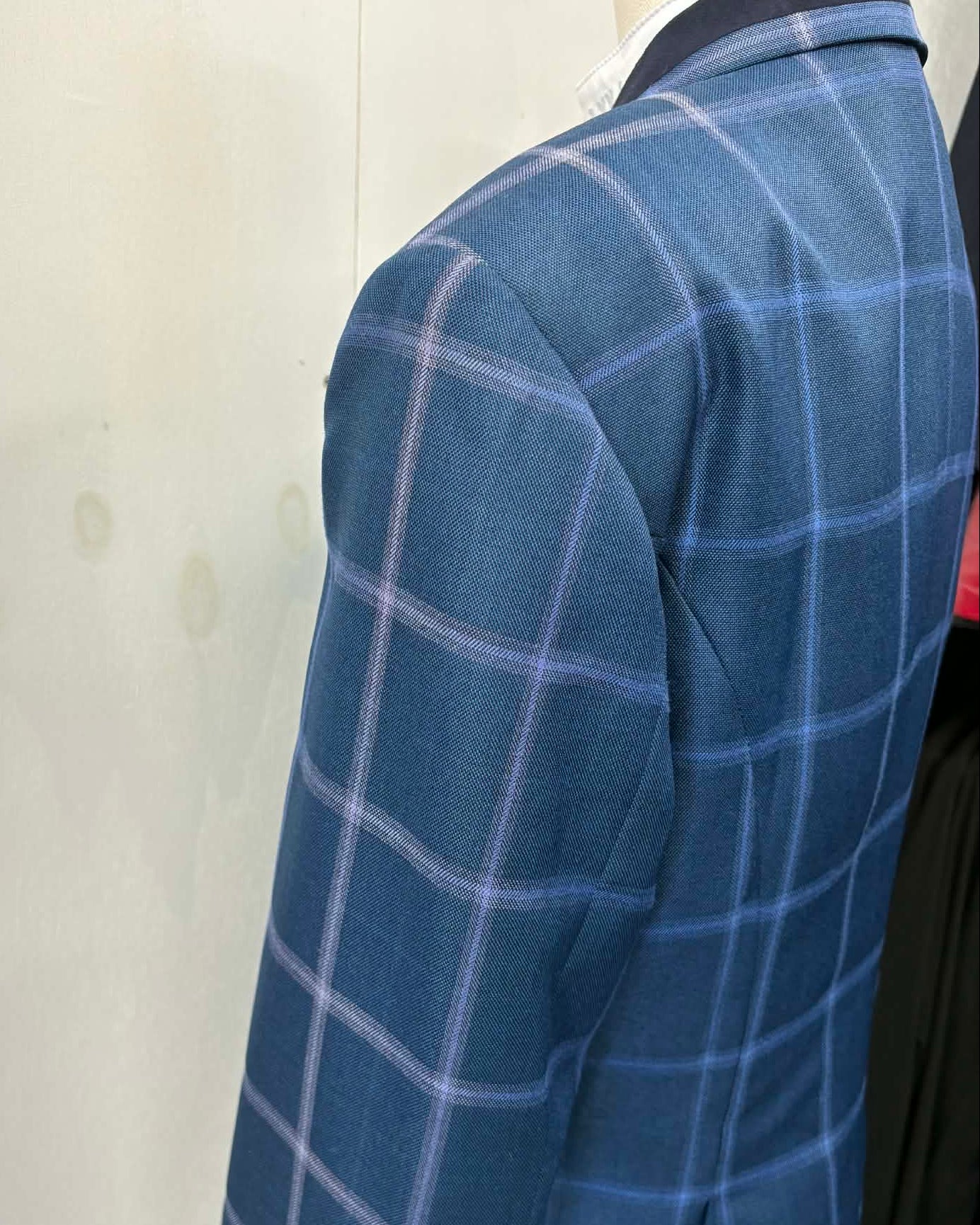 11 - 2024 Ladies mid blue wool blend tweed with bold cornflower blue overcheck riding jacket