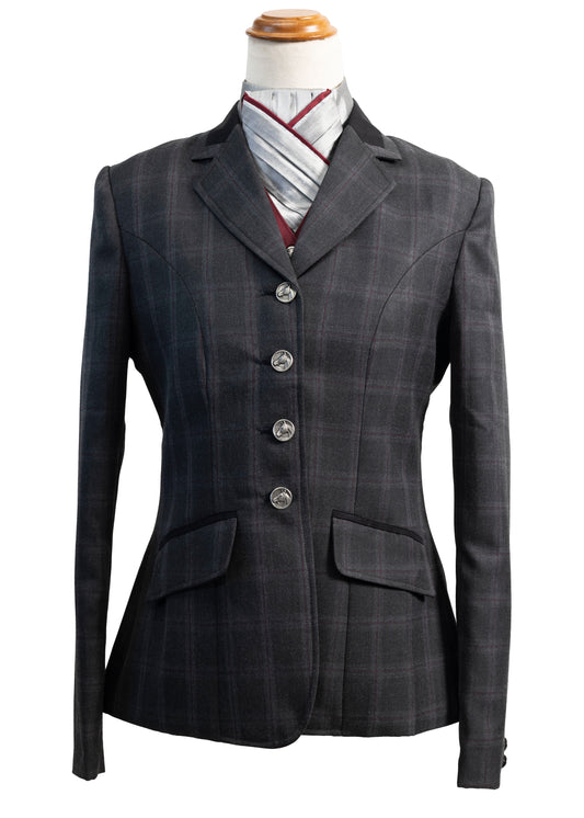 16 - 2025 Ladies dark grey tweed with slate grey & burgundy overcheck jacket