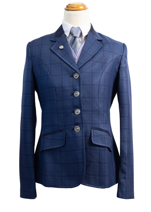 20 - 2025 Ladies navy fine wool blend tweed with multi blue overcheck jacket
