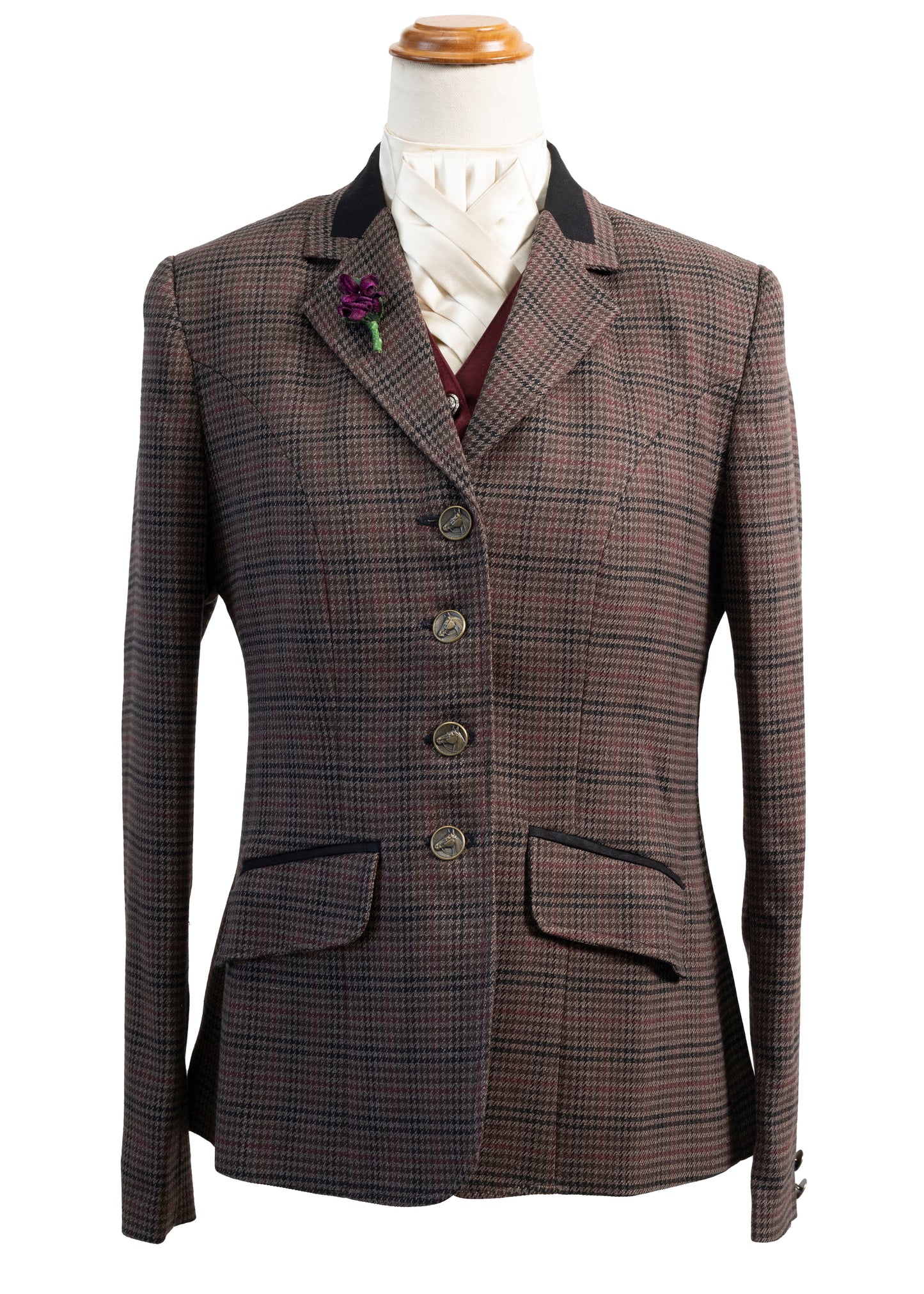 25 - 2025 Ladies brown wool blend tweed with a burgundy overcheck jacket