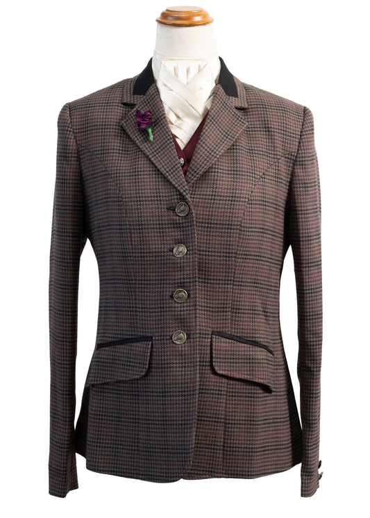 25 - 2025 Ladies brown wool blend tweed with a burgundy overcheck jacket