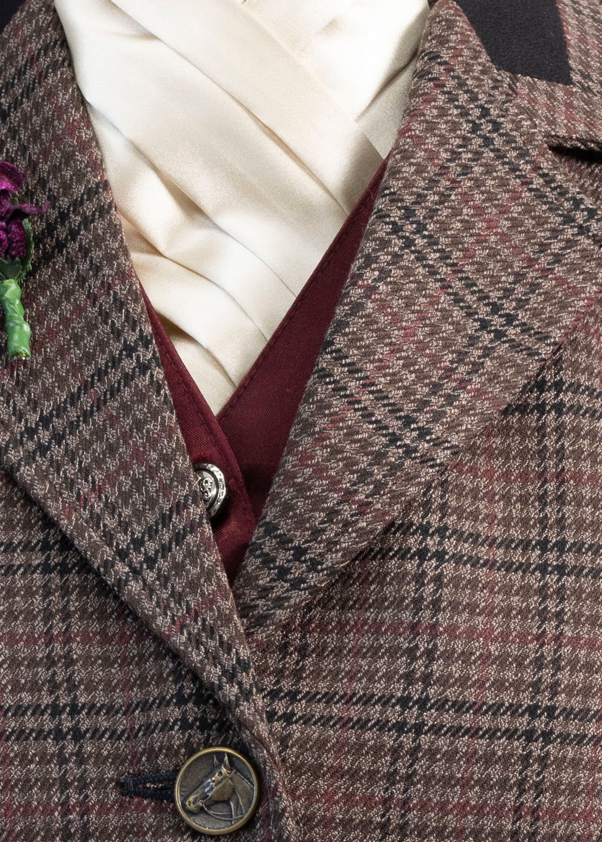 25 - 2025 Ladies brown wool blend tweed with a burgundy overcheck jacket
