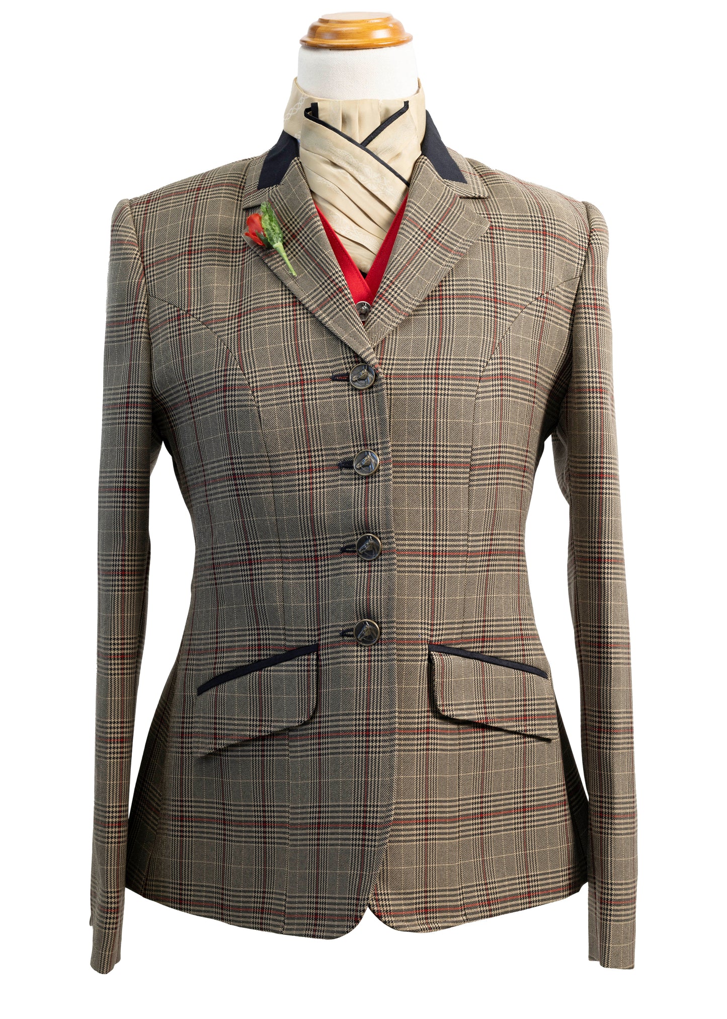 27 - 2025 Ladies gold and chocolate brown wool blend tweed with a red overcheck jacket