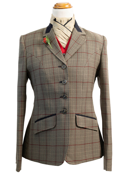 27 - 2025 Ladies gold and chocolate brown wool blend tweed with a red overcheck jacket