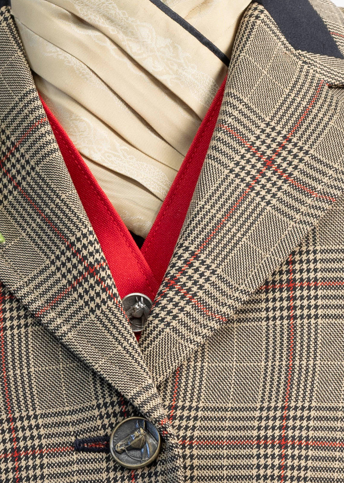 27 - 2025 Ladies gold and chocolate brown wool blend tweed with a red overcheck jacket