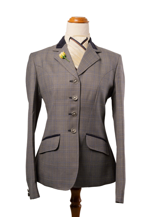11 - 2026 Ladies Grey & Brown fine wool blend tweed with royal blue & brown overcheck jacket