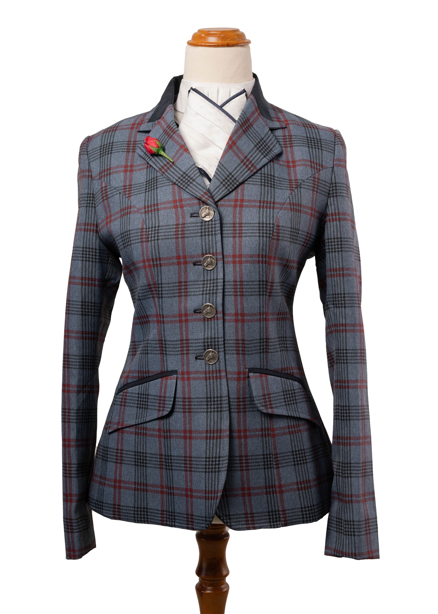 23 - 2026 Ladies Blue & Grey wool blend tweed with bold red & black overcheck jacket