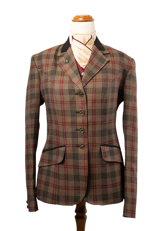 9 - 2026 Ladies Coffee wool blend tweed with bold red & black overcheck jacket