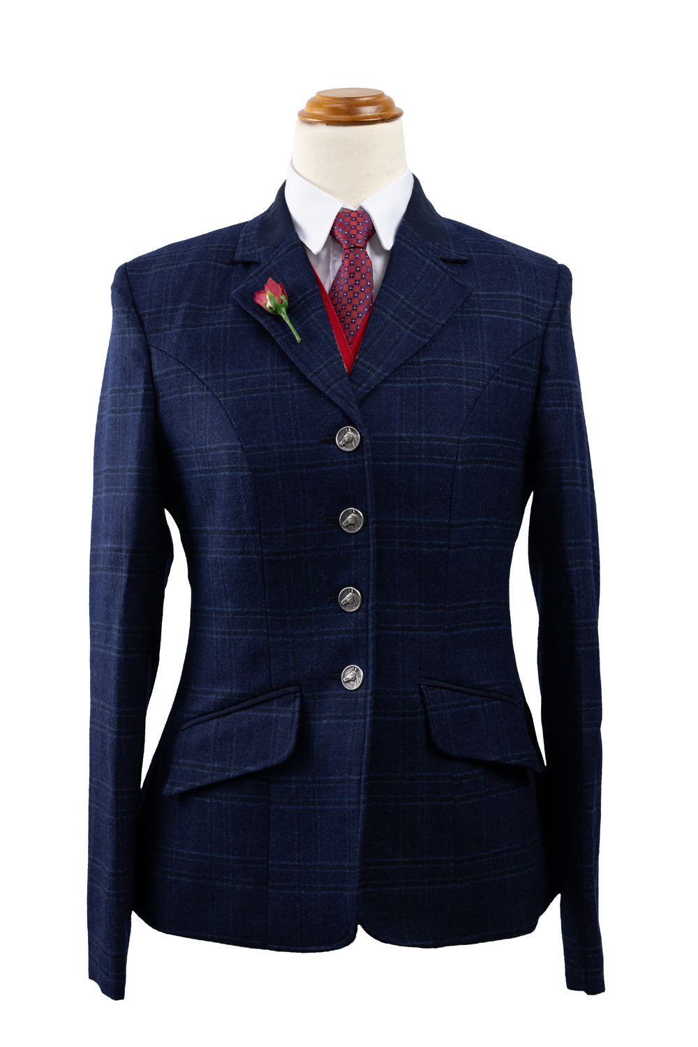 02 - 2024 Ladies navy blue pure wool mid-weight tweed with darker navy and mid blue overcheck riding jacket