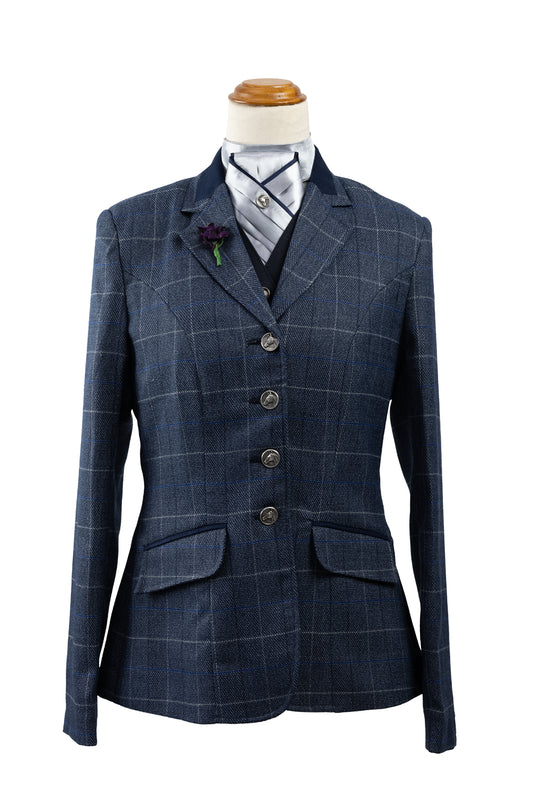 01 - 2024 Ladies Slate Blue Grey pure wool mid-weight tweed with silver grey royal blue and navy overcheck jacket