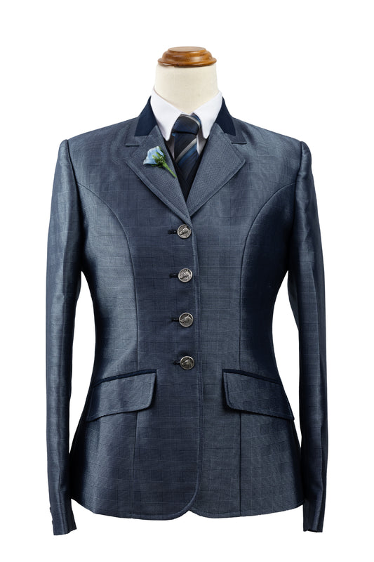 10 - 2024 Ladies blue and silver subtle sheen wool blend tweed riding jacket