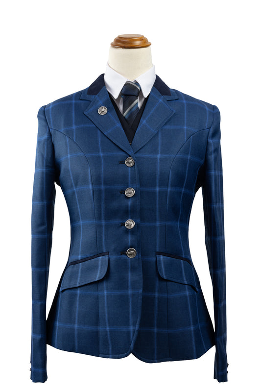 11 - 2024 Ladies mid blue wool blend tweed with bold cornflower blue overcheck riding jacket