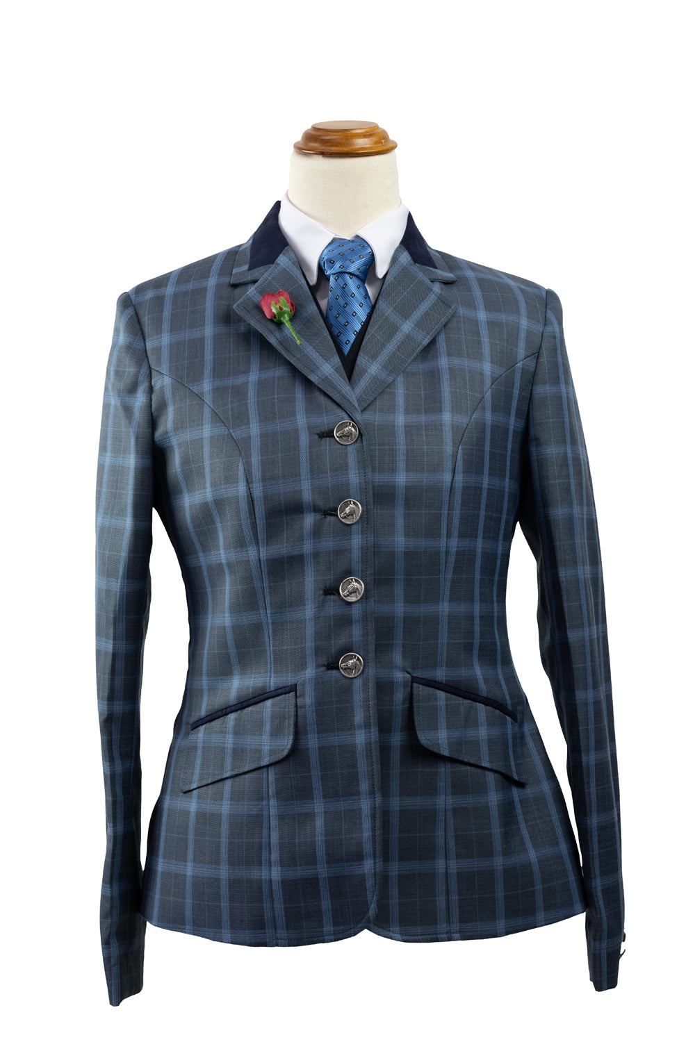 12 - 2024 Ladies Smokey blue grey fine wool blend tweed with cornflower blue overcheck riding jacket