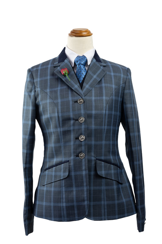 12 - 2024 Ladies Smokey blue grey fine wool blend tweed Jacket with cornflower blue overcheck