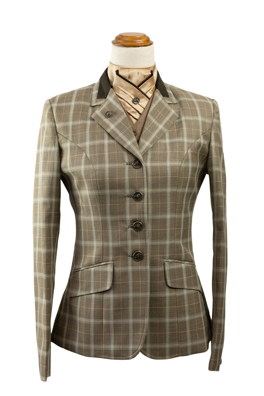 13 - 2024 Ladies latte fine wool blend tweed with Caramel and creamy grey overcheck riding jacket