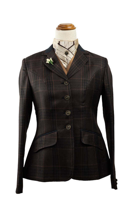 14 - 2024 Ladies dark chocolate brown & black fine wool blend tweed with rust overcheck riding jacket